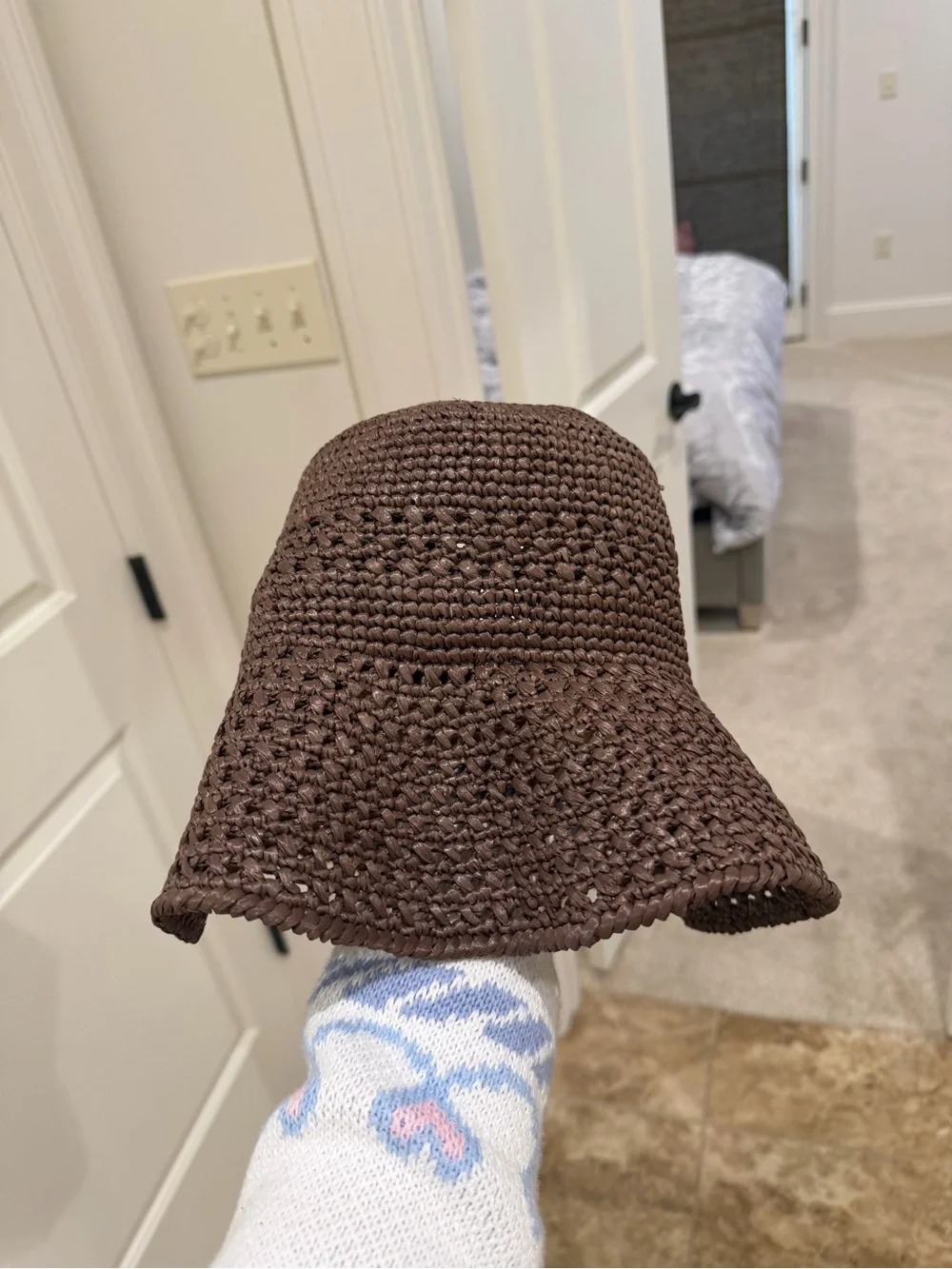 Miu Miu Chocolate Brown Crochet Bucket Hat with Gold Logo